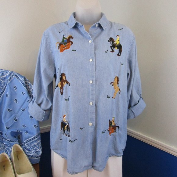 Bechamel Tops - 🐴HP🐴 VTG Equestrian Embroidered Chambray Shirt
